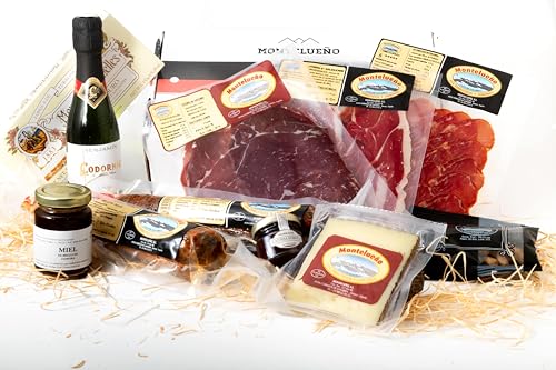 MONTELUEÑO | Cesta Navidad ibérica - Surtido de embutidos ibéricos naturales con Chorizo, Jamón, Lomo, Cecina, Queso, Turrón, Cava, Mermelada, Picos. Ideal para empleados y familiares