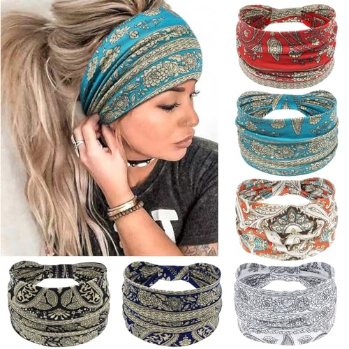 Image of Awumbuk Wide Headbands for Women Knotted No Slip Head Bands Soft Turban Headband Hair Accessories Boho African Solid Color Head Wraps for Women Yoga Workout (Blue)