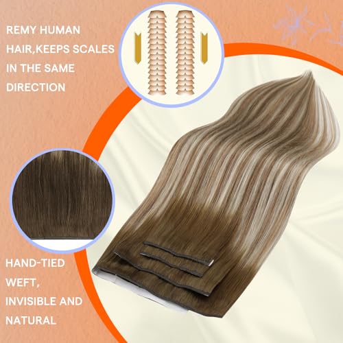 Image of Full Shine Genius Weft Hair Extensions, Ash Brown Beige Blonde 16 Inch | 90g 4 PCS, Invisible Tape Ins Human Hair Extensions, Seamless Construction, Full Shape, Easy Styling, Modern Looks