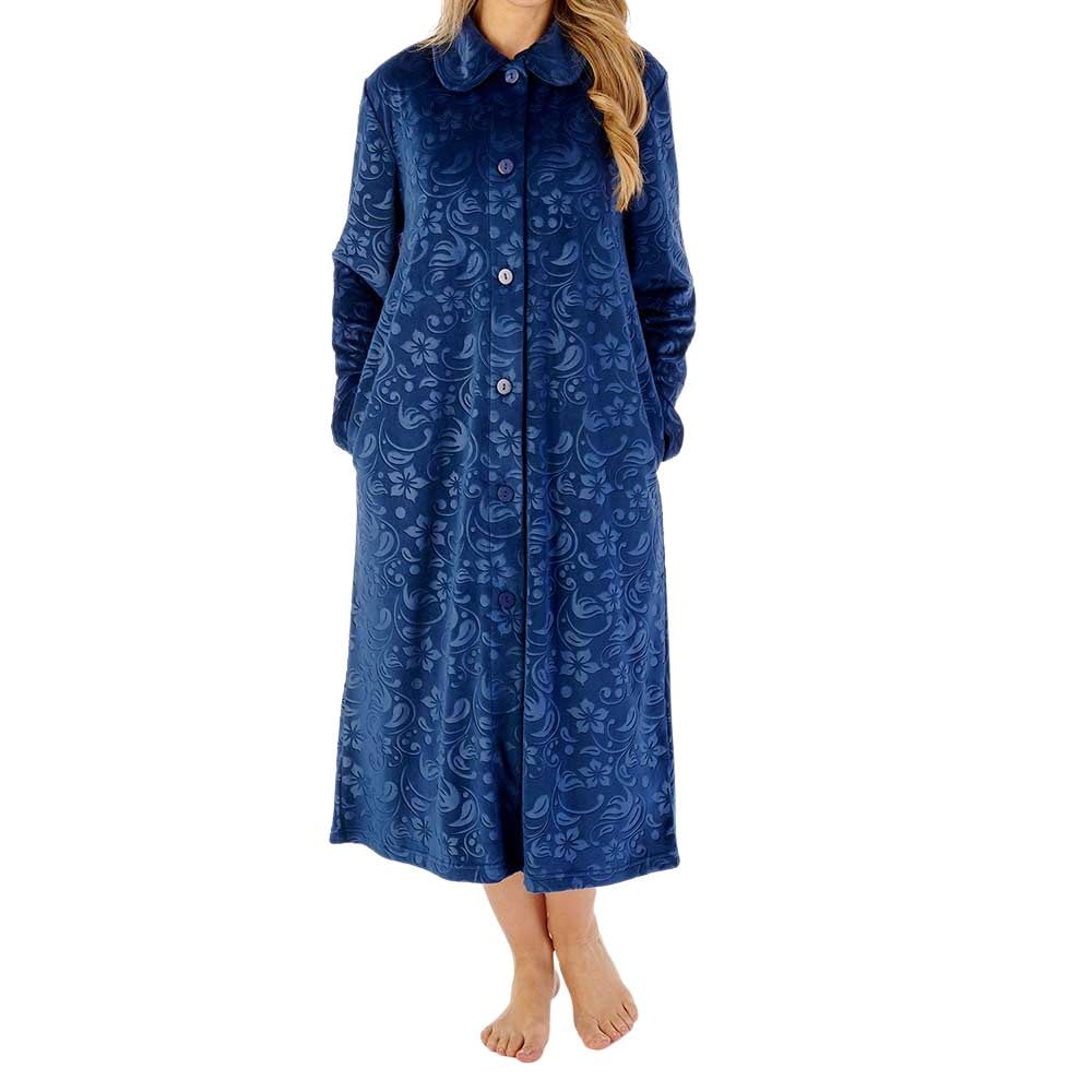 Slenderella Women's Navy Floral Embossed Button Through 46 Inch Housecoat (10/12, )