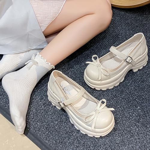 Women's Bow Mary Jane Platform Casual Shoes Comfort Leather Round Toe Ankle Strap Chunky Heel Girls Height Increase School Shoes Grace Non-Slip Nurse Walking Shoes3