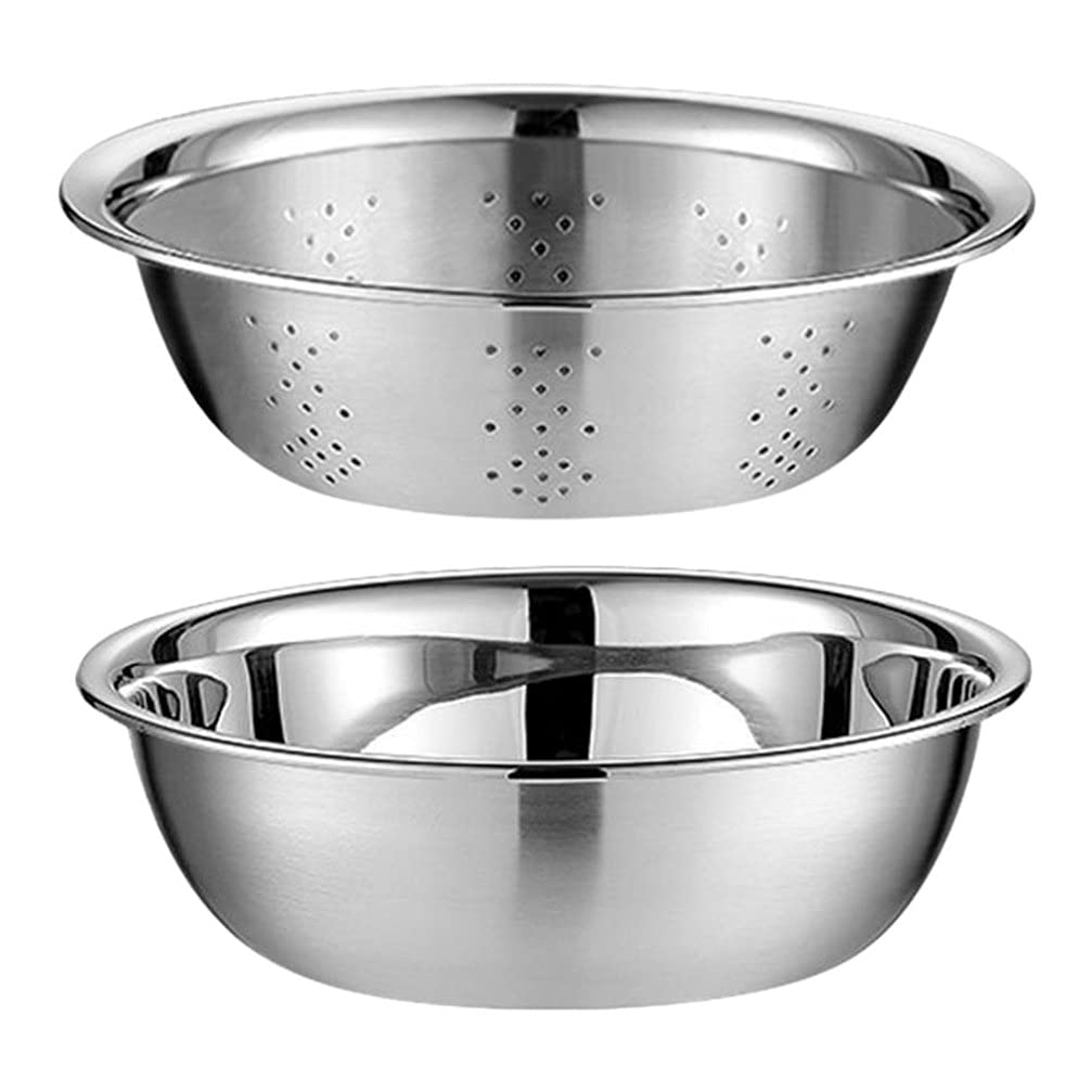 Cabilock 1 Set Stainless Steel Colander Basket Drain Filter Basket Washing Bowl Nesting Strainer for Rice Sieve Fruit Vegetable Container 28cm