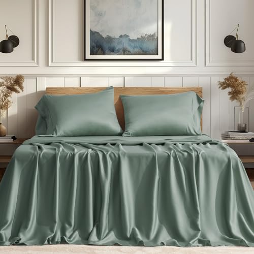 EVERGRACE Tencel Sheet Set King Size 4 Pieces，Soft Cooling Bed Sheets for Hot Sleepers, Eucalyptus Lyocell Luxury Breathable Bedding Set, 1 Fitted Sheet, 1 Flat Sheet, 2 Shams, Misty Sage Green