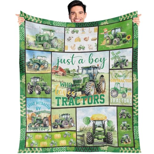 Wxiben Tractor Farm Truck Blanket for Boys Just a Boys Who Love Tractors Blanket for Adults Soft Lightweight Flannel Throw Blanket for Home Sofa Couch Bed Decor Trucks Car Lover Gift 60 x 50 Inches