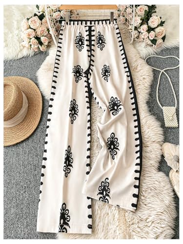 MakeMeChic Women's Graphic Wide Leg Pants Elastic Waist Belted Boho Trousers2