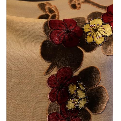 Silk Base Burn-out Velvet Shawl, 71" Lx21 W, Plum and Crane pattern with Beads Adorned, Multiple Brown4