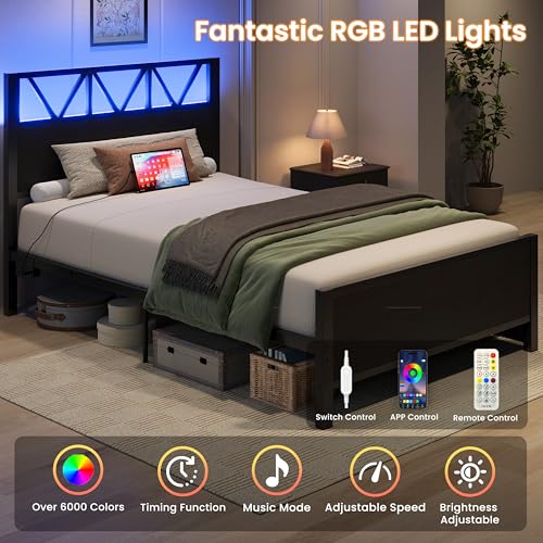 Image of LIKIMIO Twin XL Bed Frames with 2 Storage Drawers, Lights, Charging Station | Platform Twin XL Bed with Headboard and Footboard, Strong Metal Slats, No Box Spring Needed, Easy Assembly, Noise-Free, Black
