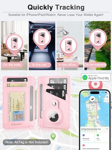 Minimalist Wallet with AirTag Holder Credit Card Holder Slim Wallet for Women, Leather Front Pocket Wallet Compact Small Card Holder Travel Thin Card Case ID Window RFID Blocking Card Organizer (Pink)2