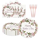 PUEVENYI 75PCS Happy Mother's Day Paper Plates and Napkins - Mothers Day Party Supplies Tableware Set for Best Mom Ever Flowers Theme Disposable Dinnerware for Mothers Birthday Party Favors