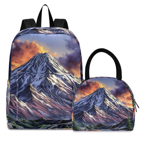Backpack Lunch Box Set Large Capacity Travel Backpacks and Insulated Lunch Bag for Commute Hiking Picnic Snow Mountain Print