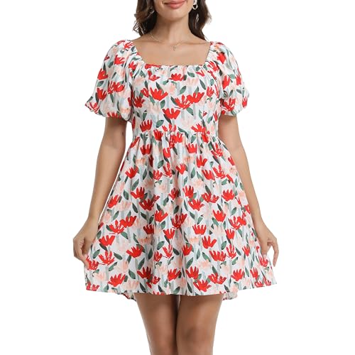 Women's Floral Mini Dress Square Neck Boho Puff Sleeve A Line Dress