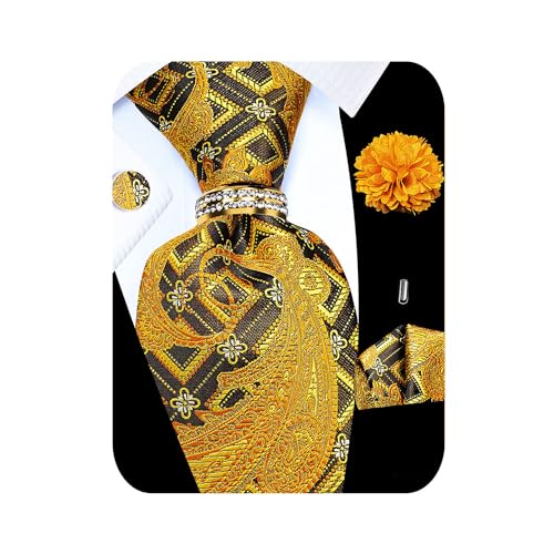 Image of 5PCS Tie and Pocket Square for Men, Silk Necktie and Handkerchief Cufflinks with Gold Ring and Lapel Pin Set