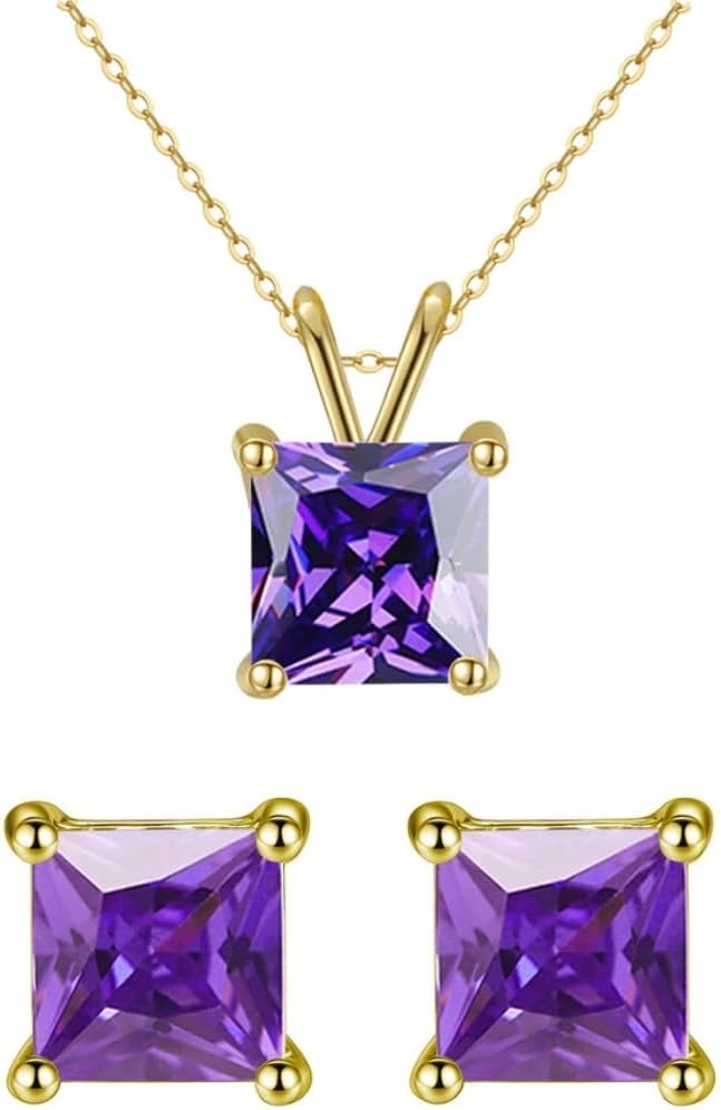 Paris Jewelry 18K Yellow Gold 4ct Amethyst Square 18 Inch Necklace And Earrings Set Plated