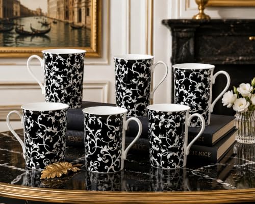 Image of fromeuropewithlove Venetian Black Mugs Set of 6 Bone China 340ml Windsor Swirl & Leaves Hand Decorated in UK