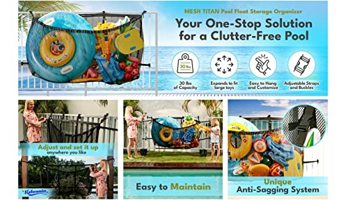 Mesh Titan Pool Float Organizer Storage Bag - Heavy Duty Adjustable Net For Toys Pool Noodles 60" Floats Inflatable Rafts Basketball Accessories For Fence Deck Garage Patio Gym (Black) #TOP1