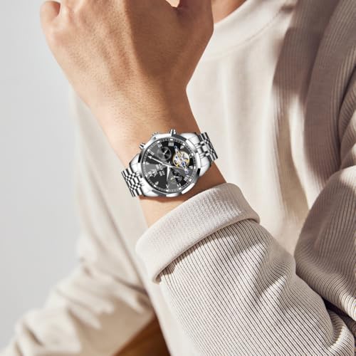 Image of OLEVS Automatic Watches for Men Business Dress Mechanical Watch Stainless Steel Waterproof Self Winding Classic Date Luxury Diamond Skeleton Men Wristwatch