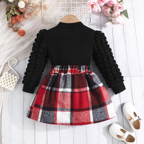 Image of Noubeau Toddler Girls Plaid Outfits Girls Puff Sleeve Knit Ribbed Shirt Tops Plaid Skirt Set Kids Fall Winter Clothes