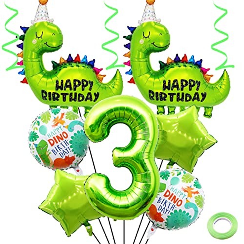 Image of Weenkeey 3rd Dinosaur Birthday Balloons Big Cute Dinosaur Aluminum Foil Balloon Number 3 Mylar Balloon for Dino Themed Party Boys Girls Birthday Decor - Green