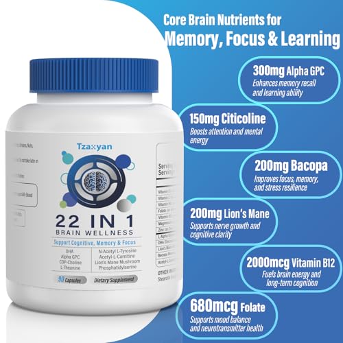 Image of Brain Supplements for Memory and Focus, Clarity & Cognitive Improvement, 300mg Alpha GPC, CDP-Choline, DHA, Lion's Mane, L-Theanine, Vitamin & Phosphatidylserine for Men & Women, 90 Capsules, 3PACK