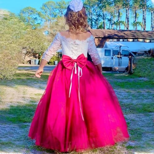 Girls Off-Shoulder Lace Tulle Princess Pageant Dress Long Sleeve Kids Flower Girl Dress for Birthday Weddings4