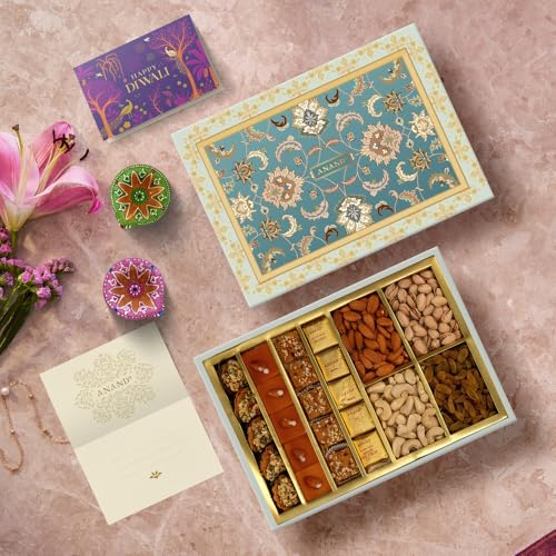 Image of ANAND Diwali Dry Fruits Gift Pack Diya Gift Items Box Assorted Sweets and Dryfruits Cashewnuts, Almonds, Raisins And Pistachios Dry Fruits gift pack for Diwali Family and Friends (775 gram)