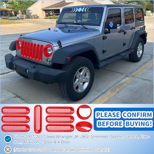 Image of Nilight Grill Inserts fit for Jeep Wrangler Front Grille Mesh Inserts & Headlight Cover Set for JK JKU Unlimited Sports Sahara Freedom Rubicon 2007-2018 Clip-in Trim Exterior Accessories Red 9 Pcs