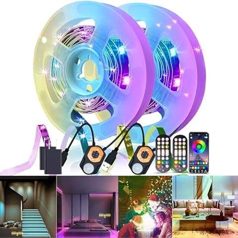LED Strip Light Motion Sensor Under Bed Lights 2*9.84FT RGB,Remote/APP Control/Dimmable/Music Sync/Auto-Off Timer/Motion Activated Led TV Night Light for Bed Stair Cabinet Party Desk Wardrobe,Decorate Cover