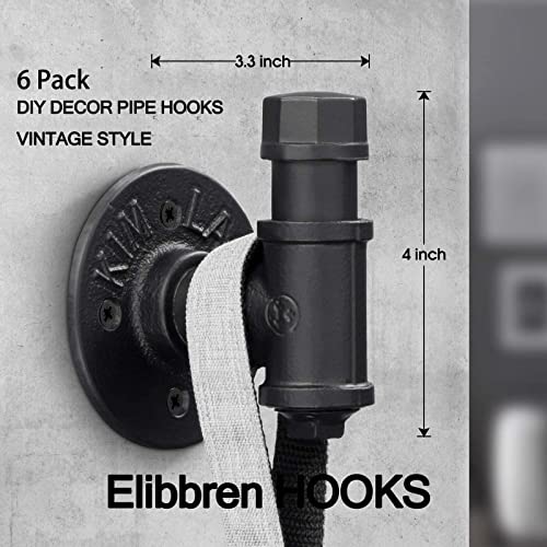 Elibbren 6 Pack Rustic Style Industrial Iron Pipe Coat Towel Holder Wall Hook For Hanging, Wall Mounted Vintage Robe Clothes Hanger Heavy Duty Farmhouse,Mounting Hardware Included Black #TOP2