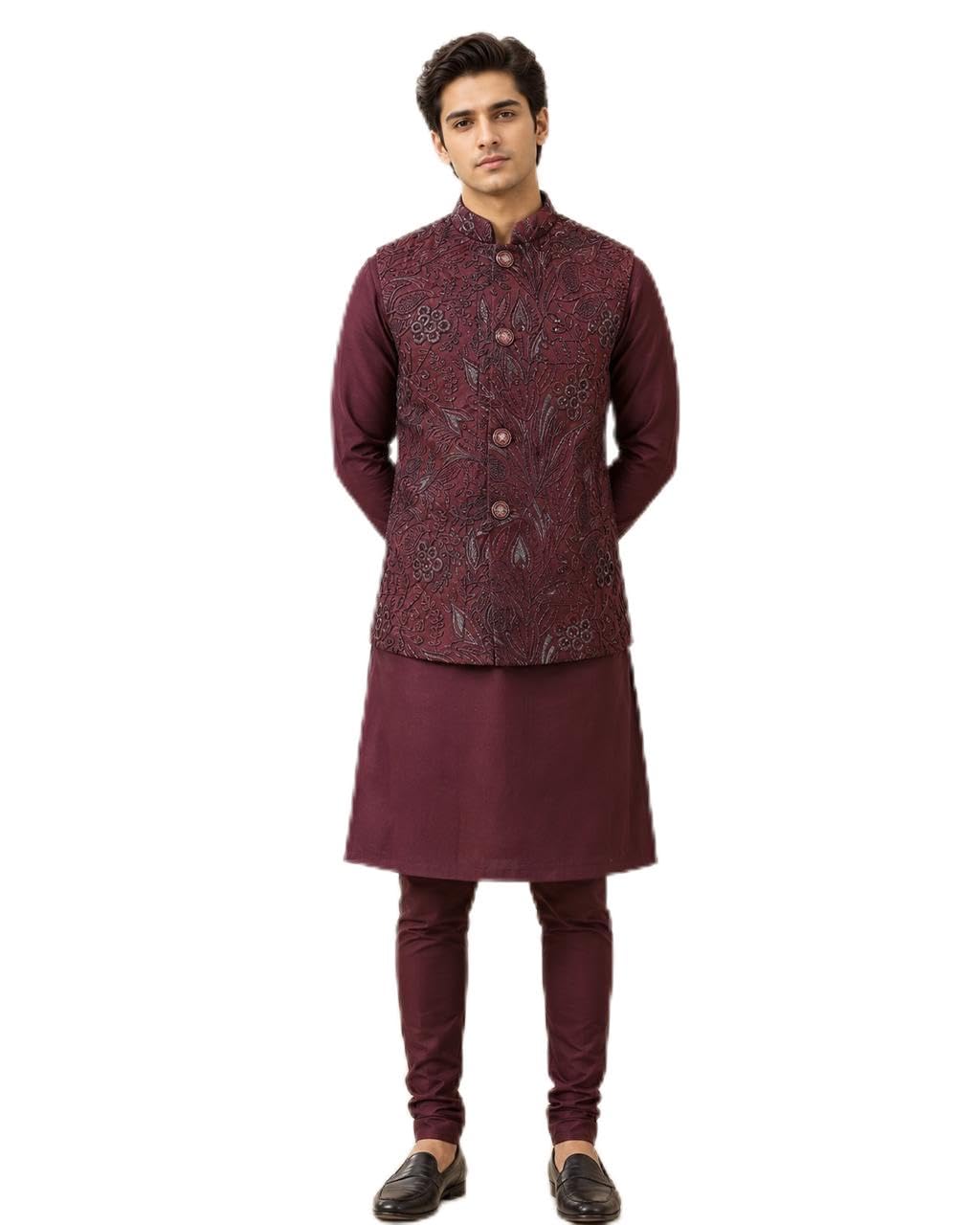 Men's Ethnic Wear Modi Jacket in Wine Floral Embroidery-image-26