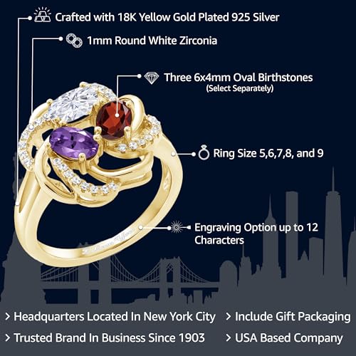 Gem Stone King 18K Yellow Gold Plated Silver Promise Customized and Personalized 3 Gemstone Birthstone For Her Engagement Flower Blossom Name Engraved Ring For Women2