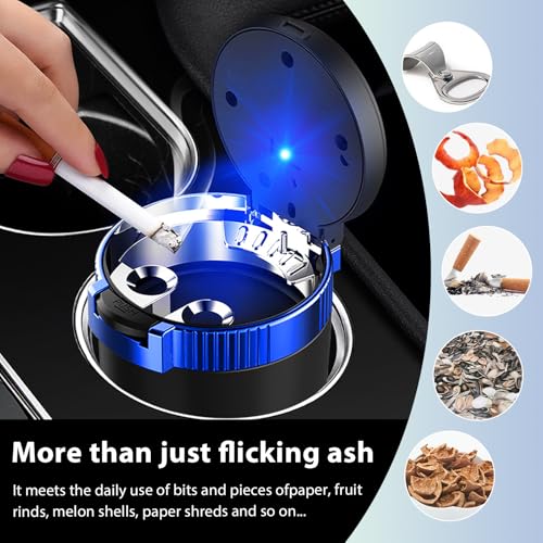Image of Car Ashtray with Lid, Detachable Smokeless Auto Cup Holder Ashtray with LED Blue Light, Stainless Steel Ash Tray Portable Mini Vehicle Trash Can for Car Home Outdoor (Blue)