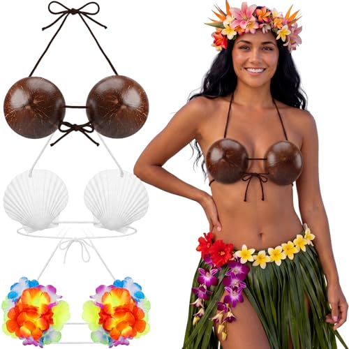 Unittype 3Pcs Hawaiian Costume Coconut Bra with Cord Seashell Bras with Cord Colorful Hawaiian Flower Bikini Top for Women Summer Party Supplies Multicolor