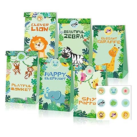 12 Pack Jungle Party Favors Bags, Jungle Safari Animals Treat Bags, Jungle Theme Party Gift Bags, Shower Party Gift Bags, Birthday Party Gift Bags with Stickers for Girls Boys Kids Cover