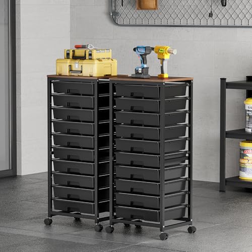 Rolling Cart with Drawers,10 Drawer Rolling Cart,Storage Cart,Utility Cart,Teacher Cart for Classroom Storage,Craft Cart with Wheels and Wooden Tabletop,Black - Image 3