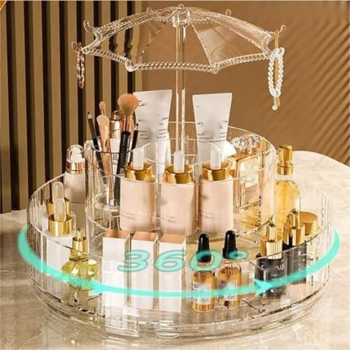 Image of 360 Degree Rotating Makeup Organizer with Jewelry Hooks, Large Acrylic Cosmetic Storage Rack for Skincare Products, Perfumes, Makeup Brushes, and Accessories (Pack of 1)