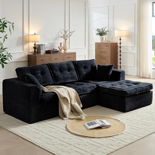 Image of ROXGOX Cloud Couches for Living Room, Modern Modular Sectional Sofa with L-Shape Chaise, Boneless Couch with Deep Seat, Plush Corduroy, No Assembly Required (Black)