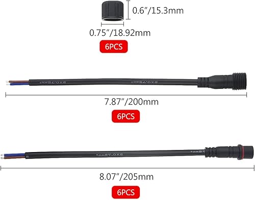 Miniatura 2 de WMYCONGCONG 6 pares de conectores eléctricos de 2 pines, 16 AWG IP65, diodos emisores de luz, macho y hembra, cable de extensión de 0.591 in, tuerca