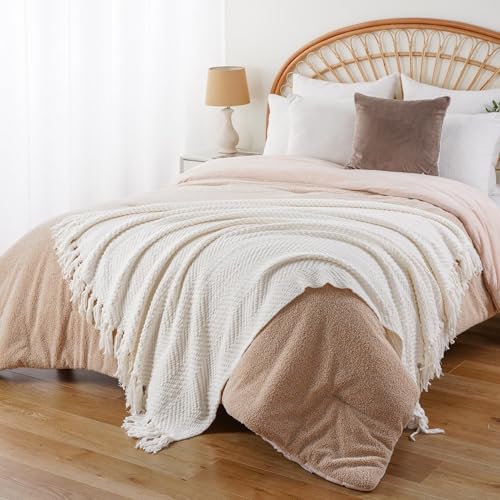 Image of BATTILO HOME Cream Throw Blanket for Couch, Knit Throw Blanket, 50 inchx60 inch