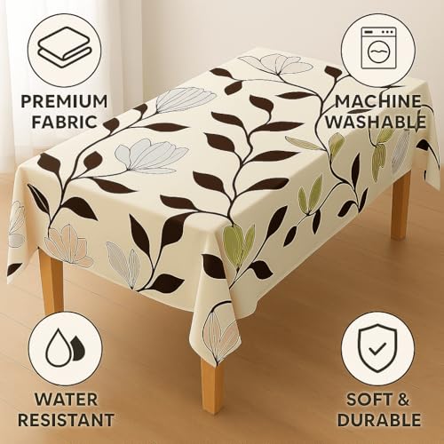Image of Styleys Dining Table Cover Waterproof with for Kitchen Dining Table Cloth Dust and Oil Repellent (140x180, 1 Table Cover Only, Beige /Brown /Green Leaf Flower, CTSLMC138)