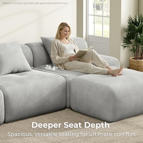 Image of LIKIMIO LumiCord 118 inch Tufted Modular Sectional Sofa with Ottoman, Modern L-Shaped Boneless Couch for Living Room, 26.8 inch Deep Seat, 18.1 inch High Seating, 15 inch Wide Armrest, Corduroy, Pebble Grey