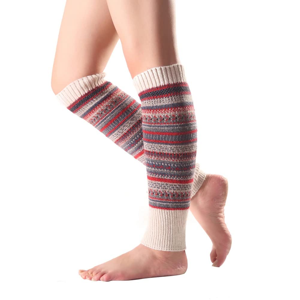 Beige Multicolor Stripe Long Warm Woolen Thigh High Knee High Leg Warmer Winter Fashion Knitted Warm Boot Thigh High Socks Boot Cuffs for Women Girls-image-19
