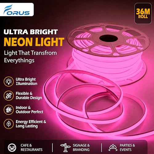 Image of Forus 36M COB LED Neon Strip Light, 10mm Pink Waterproof Flexible Rope Light, Cuttable LED Strip for Indoor & Outdoor Wall Decor, Home, Shop, Party & Festival Lighting with 3 Connectors