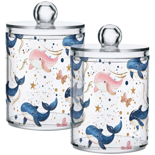 Gredecor 2 Pack Qtip Holder Clear Cute Whales Bows (1) Apothecary Jars with Lids Acrylic Bathroom Jars Vanity Countertop Canister Storage Organizer for Cotton Ball,Swabs,Pads,Floss