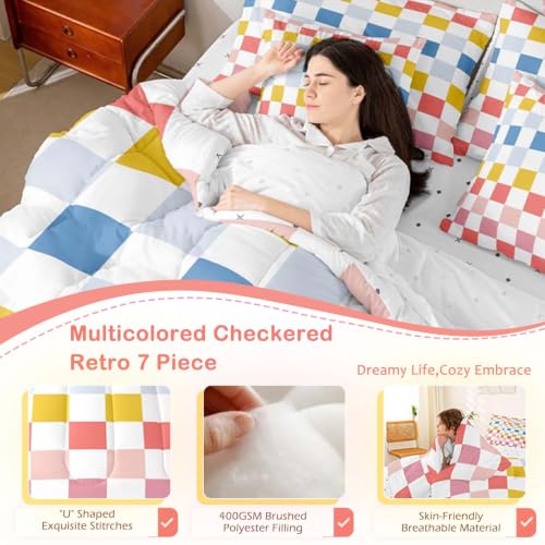 Image of Feelyou Multicolored Checkered Retro Comforter Set with Sheets 7 Piece Full Size Geometric Cute Bed in a Bag Kids Boys Girls Colorful Bedding Set Modern Groovy Aesthetic Bedroom Decor Breathable Soft