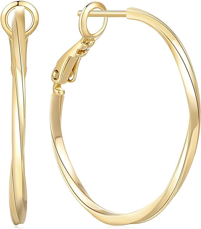 14K Gold Hoop Earrings for Women, Twisted Large Hoops, Trendy Dainty Thin Hypoallergenic Earrings (30mm*2mm)