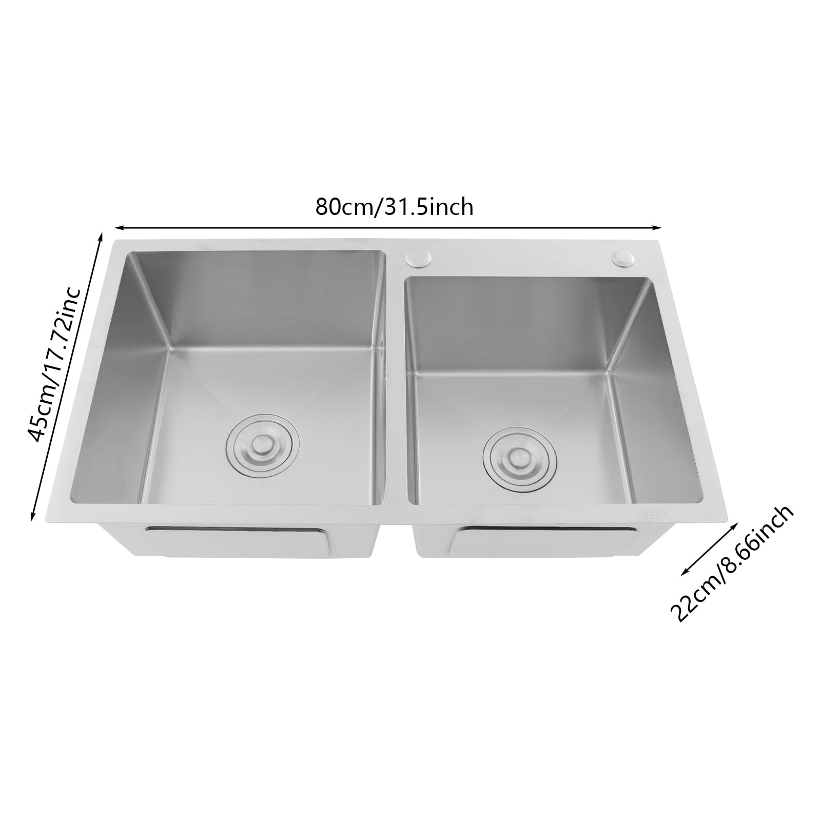80 x 45 x 22 cm, doppio lavello da incasso, 2 vasche in acciaio inox, con set di sifone e filtro in acciaio inox, facile da pulire (argento)