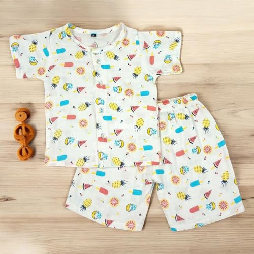 Image of Fabrify Organic Muslin Cotton Baby Top and Bottom Set, Sleepsuit Night Dress, Infant Toddler Clothing