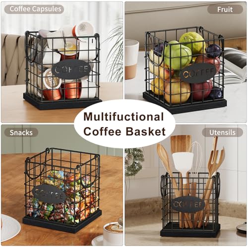 Image of YINMIT K Cup Holder Organizer, Sturdy Coffee Pod Holder Organizer, 35 Kcup Large Capacity Storage Basket for Kitchen Counter and Office Desktop (Black-Square with Handle)
