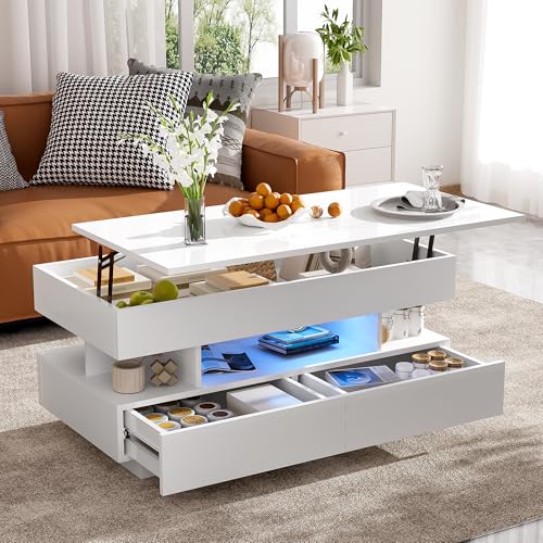 Lift-Top Coffee Table with 2 Drawers, Modern Coffee Table with Adequate Hidden Compartment and High-Gloss Finish for Living Room, White