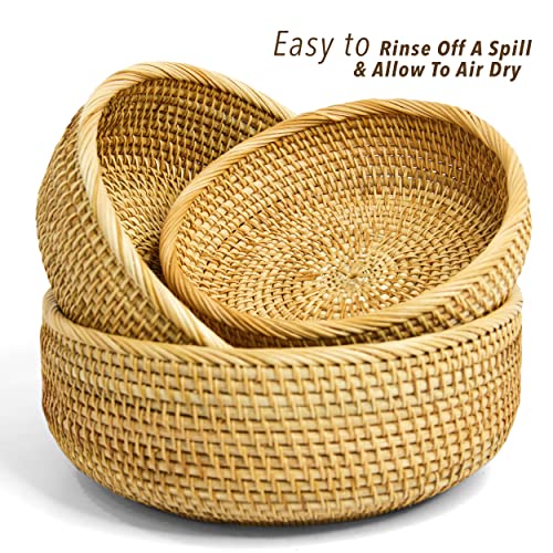Tkkdecor Set 3 Round Rattan Baskets Set For Organizing - Bread Wicker Storage Basket Serving Decorative Tray Gift Baskets Empty - Countertop Baskets For Pantry Bathroom Set Shelf Organizer #TOP3